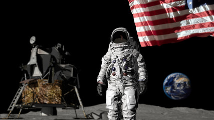 3D rendering. Astronaut saluting the American flag. CG Animation. Elements of this image furnished by NASA.