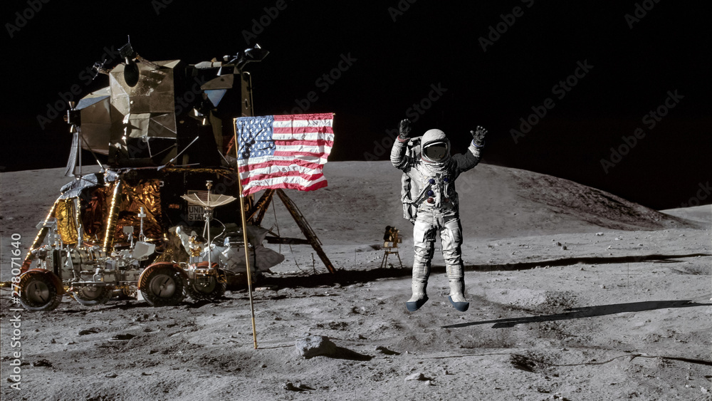 Wall mural 3d rendering. astronaut jumping on the moon and saluting the american flag. cg animation. elements o