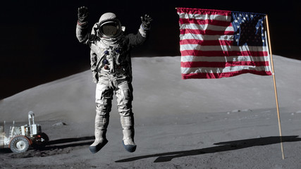 3D rendering. Astronaut jumping on the moon and saluting the American flag. CG Animation. Elements of this image furnished by NASA.