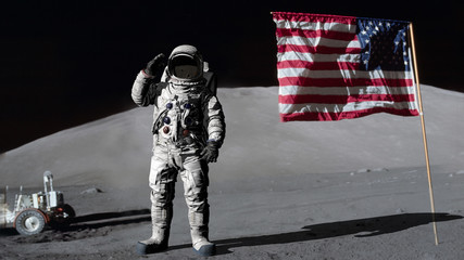 3D rendering. Astronaut saluting the American flag. CG Animation. Elements of this image furnished by NASA.
