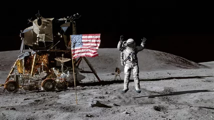 Fototapeten 3D-Rendering. Astronaut, der auf den Mond springt und die amerikanische Flagge begrüßt. CG-Animation. Elemente dieses von der NASA bereitgestellten Bildes. © merlin74