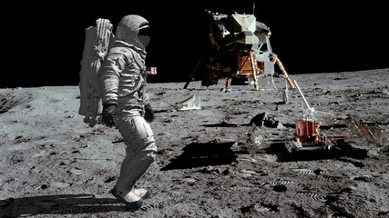 3D rendering. Astronaut walking on the moon. CG Animation. Elements of this image furnished by NASA.