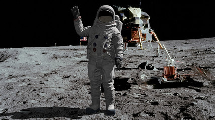 3D rendering. Astronaut walking on the moon and waving his hand. CG Animation. Elements of this image furnished by NASA.