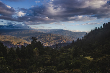 Waning sunlight over the Cundinamarca Valley near Bogotá, capital city of Colombia. Pine trees and...