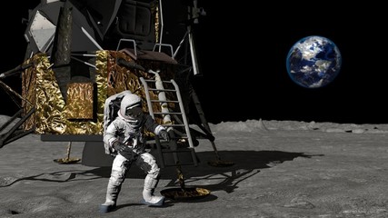 Naklejka premium 3D rendering. Astronaut descends the stairs of the Apollo spacecraft. CG Animation. Elements of this image furnished by NASA.