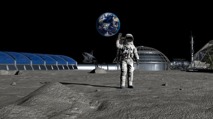 3D rendering. Sci-fi scene. The colony of the future on the moon. Astronaut walking on the moon. CG Animation. Elements of this image furnished by NASA.