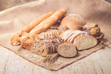 Assorted bread and pastry.