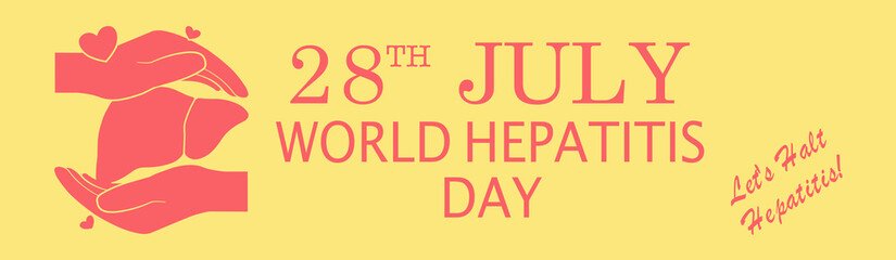 World Hepatitis Day - Poster or Banner. Hands holding liver icon. Yellow Background.