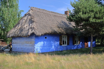 Fototapeta na wymiar Traditional wooden house with thatched roof painted with blue color