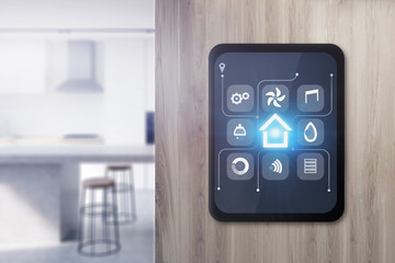Smart home icons on tablet in kitchen