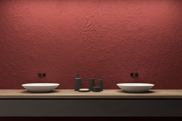 Double sink in red bathroom interior