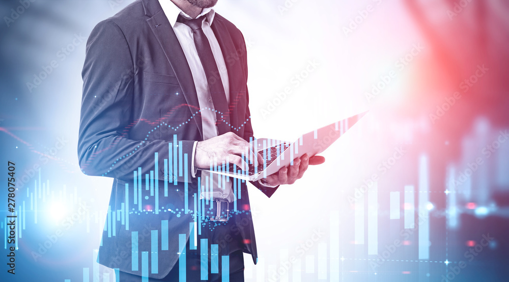 Poster man with laptop and graphs
