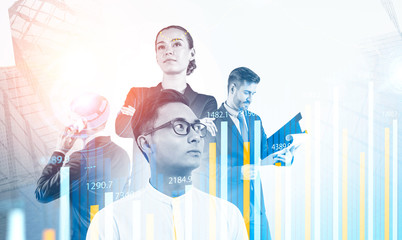 Diverse business people, graphs and HUD