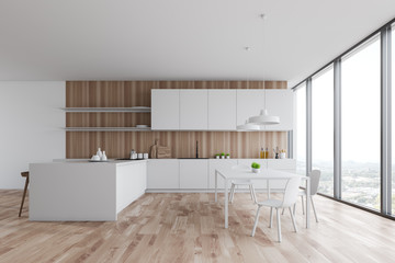Panoramic white and wooden kitchen interior