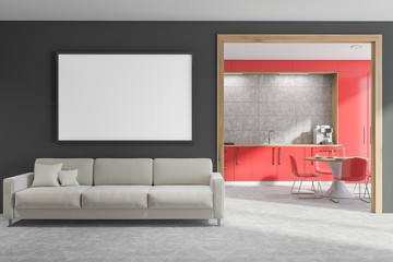 Gray living room with sofa and poster