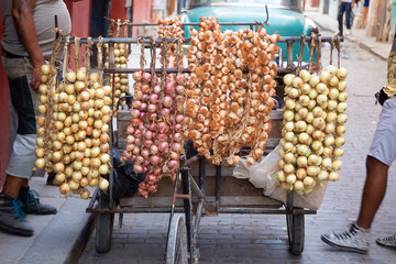 Street stall with garlic and onion strings