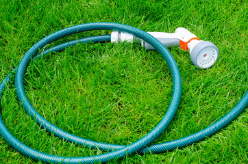Green hose for watering lies on grass, lawn