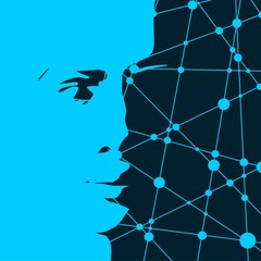 Face front view. Elegant silhouette of a female head. Portrait of a happy smiled woman. Molecule and communication background. Connected lines with dots.