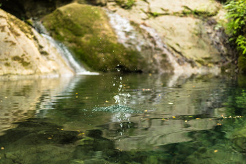 Naklejka na ściany i meble splash of water in a small italian lake among a dense lush vegetation