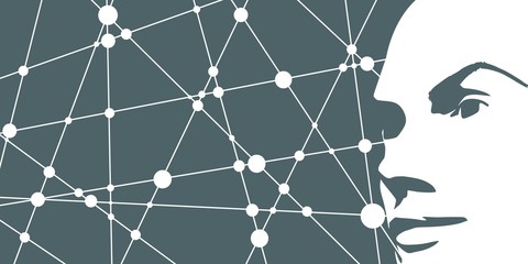 Face half turn view. Elegant silhouette of a female head. Molecule and communication background. Connected lines with dots.