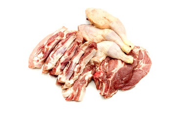 Pork and chicken thigh in white background