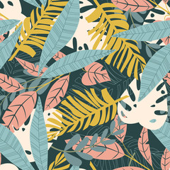 Bright abstract seamless pattern with colorful tropical leaves and plants on grey background. Vector design. Jungle print. Floral background. Printing and textiles. Exotic tropics. Fresh design.