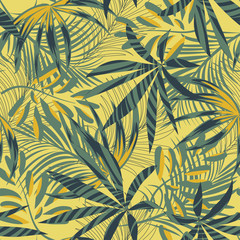 Summer abstract seamless pattern with colorful tropical leaves and plants on yellow background. Vector design. Jungle print. Floral background. Printing and textiles. Exotic tropics. Fresh design.