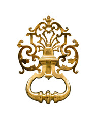 Door knocker made of brass on a front door, isolated on white background with clipping path - 278077622