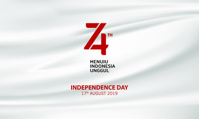 Indonesian 74th Birthday Logo With White Wave Flag Background. Indonesia Independence Day -Vector Illustration