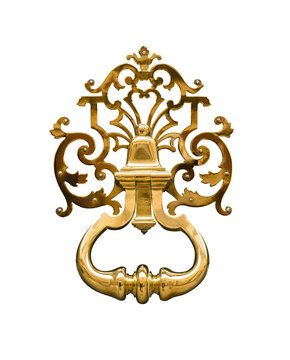 Door knocker made of brass on a front door, isolated on white background with clipping path