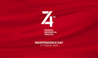 Indonesian 74th Birthday Logo With Red Wave Flag Background. Indonesia Independence Day -Vector Illustration
