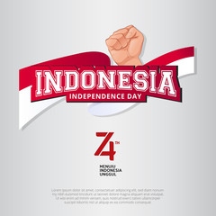 Indonesia Independence Day With Indonesian Flag, Hand Cartoon and Indonesian 74th logo. Vector Illustration