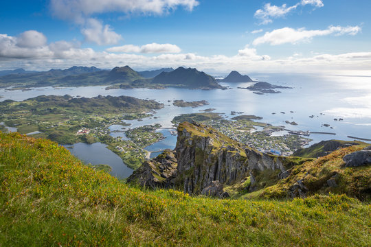 Looking from Nonstinden mountain down to Ballstad, Vestv&aring;g&oslash;ya island, Lofoten Islands, Norway