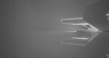 Abstract white minimalistic architectural interior with neon lighting. 3D illustration and rendering.