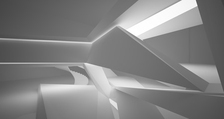 Abstract white minimalistic architectural interior with neon lighting. 3D illustration and rendering.