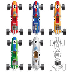 Set of retro racing cars. View from above. Vector illustration.