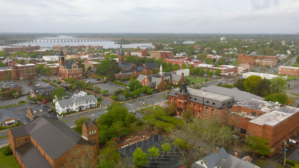 Fototapeta na wymiar Aerial Perspective over the Downtown Urban City Center of New Bern NC