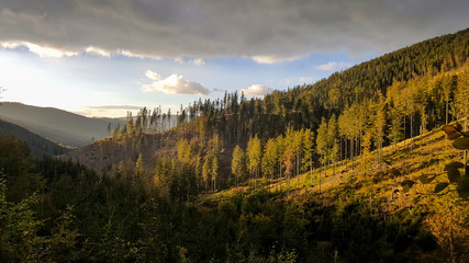 Sunset in mountains - Przegibek, Small Beskid - Poland.