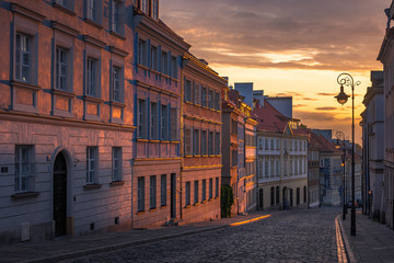 Mostowa street in old town in Warsaw during the sunrise, Poland