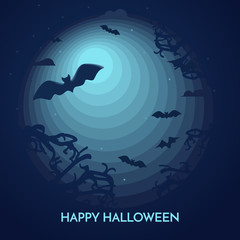 Haunted Happy Halloween vector banner with bats in full moon light.