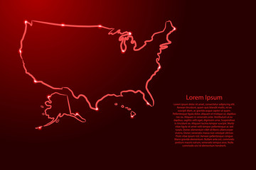 United States of America map from the contour red brush lines different thickness and glowing stars on dark background. Vector illustration.