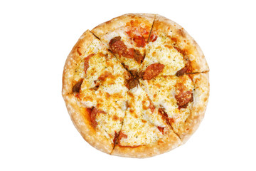 Pizza with pepperoni, pork, mozzarella cheese, tomato sauce and Italian herbs. Top view. Isolated in white.