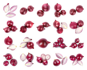 Set of fresh red onions on white background, top view