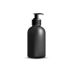 Cosmetic blank black bottle with dispenser 3d vector mockup illustration isolated.