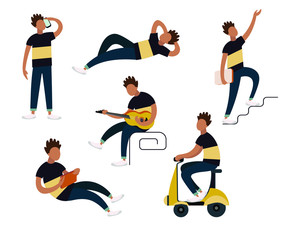 Flat colorful vector set of young man character poses and movements.