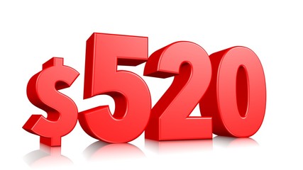 520$ Five hundred and twenty price symbol. red text number 3d render with dollar sign on white background