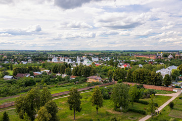 Aeral townscape. Old russian town Suzdal in summer from bell tower.
