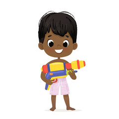 Smiling Cute African-American Baby Boy With a Toy Water Gun Posing. Pool Party Character with a Toygun. Beach Dark Skin Boy Character Isolated.