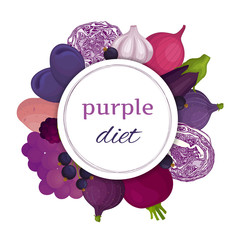 Diet based on purple foods. Lilac vegetables are fruits and berries in the diet. A frame from food of one color. Vector illustration in cartoon style.