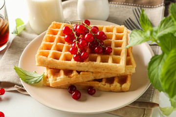 Beautiful composition with sweet belgian waffles, closeup